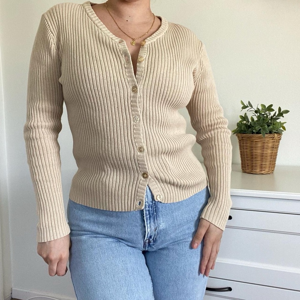 Women's Cream Ribbed cardigan Sweater